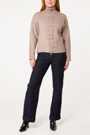 Zip Through Buttoned Details Knit Cardigan