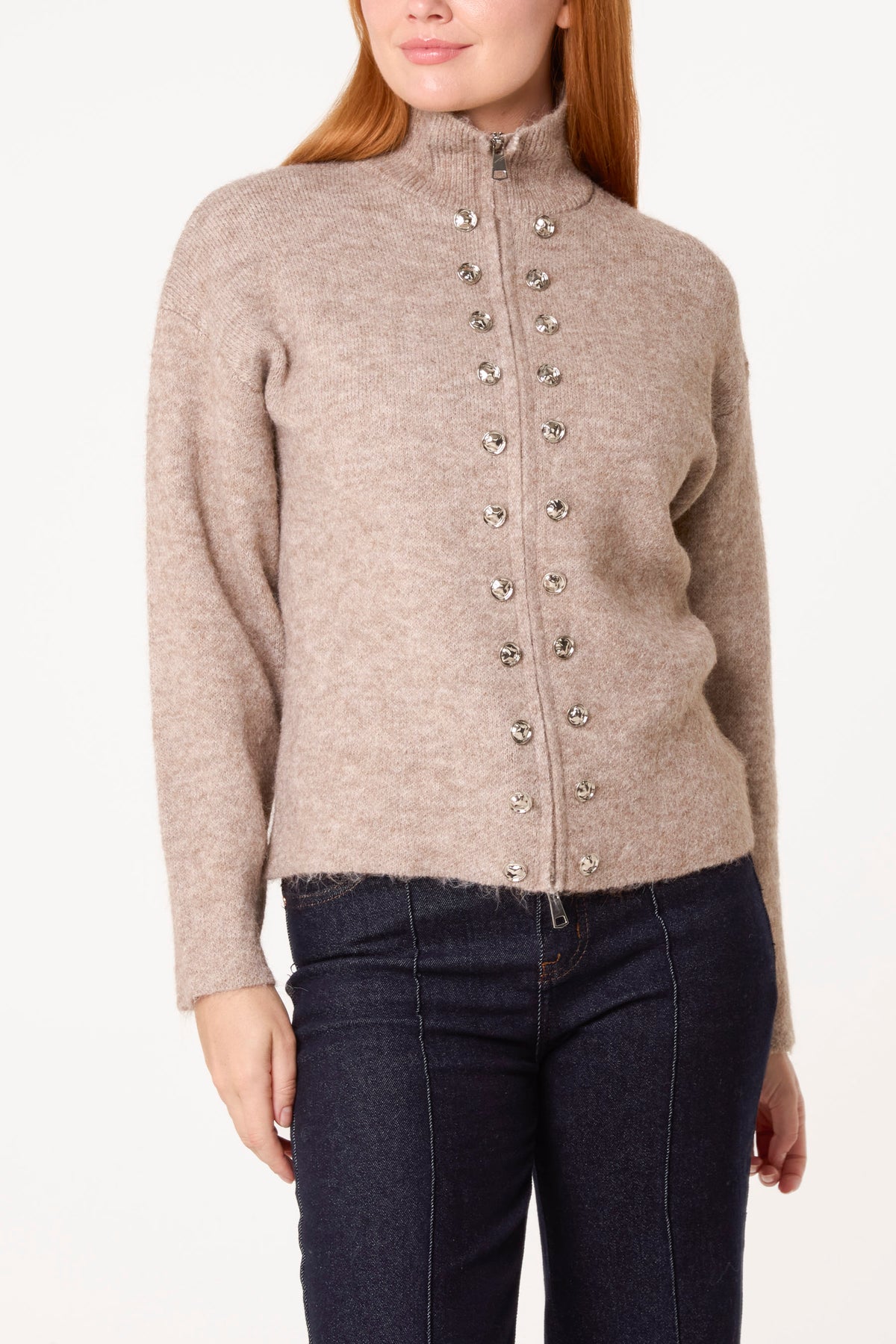 Zip Through Buttoned Details Knit Cardigan