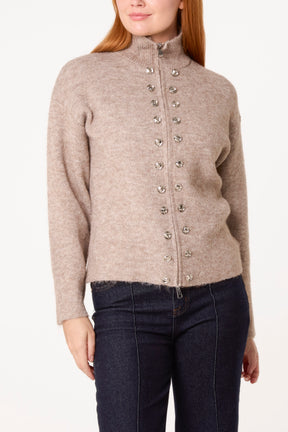 Zip Through Buttoned Details Knit Cardigan
