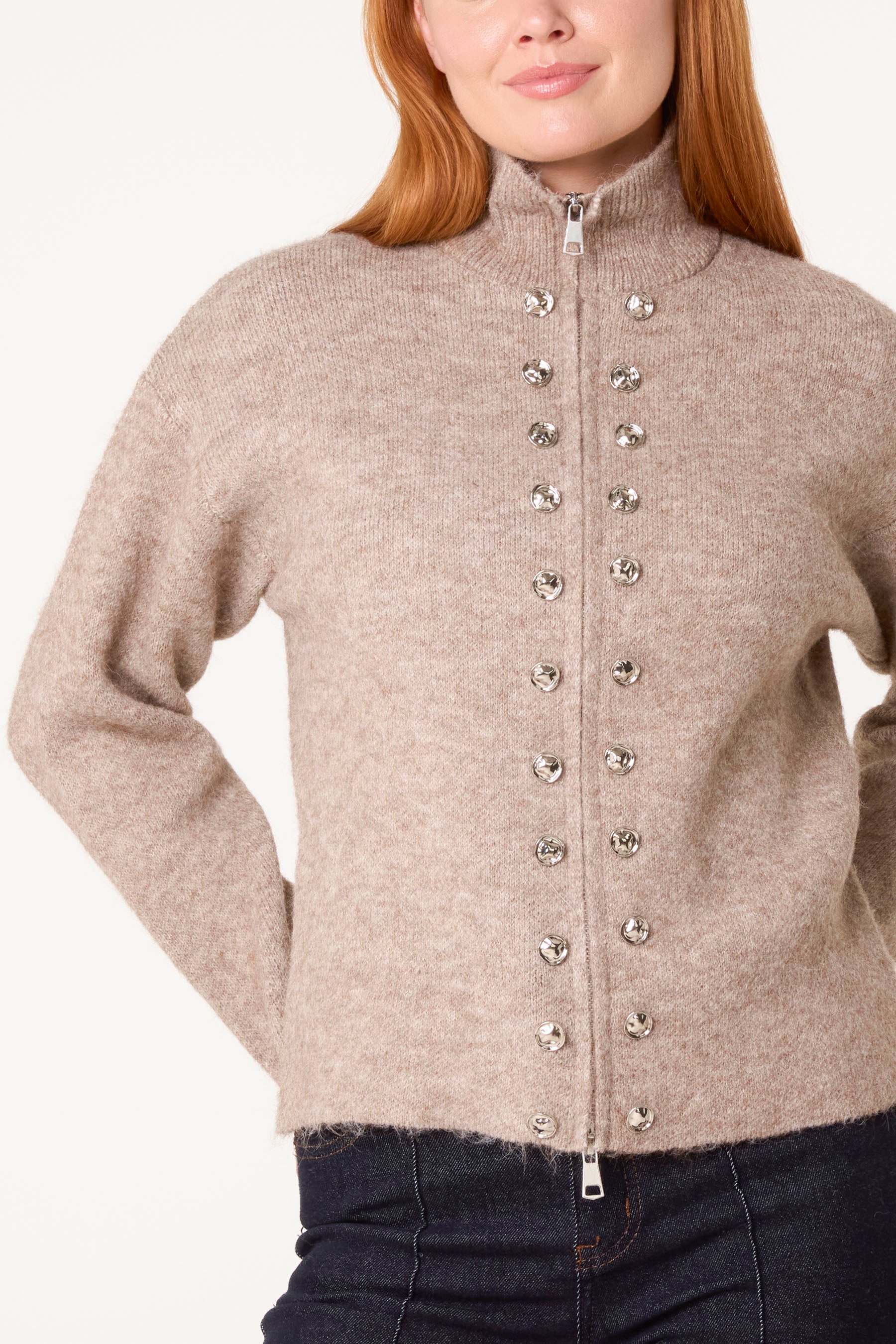 Zip Through Buttoned Details Knit Cardigan