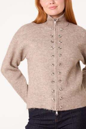 Zip Through Buttoned Details Knit Cardigan