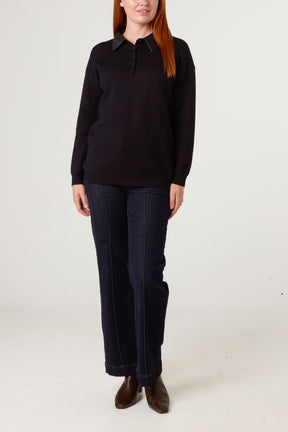 Classic PU Polo Collar Knit Jumper