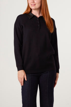 Classic PU Polo Collar Knit Jumper