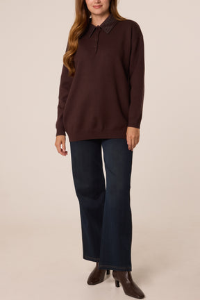 Classic PU Polo Collar Knit Jumper