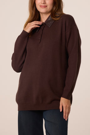 Classic PU Polo Collar Knit Jumper