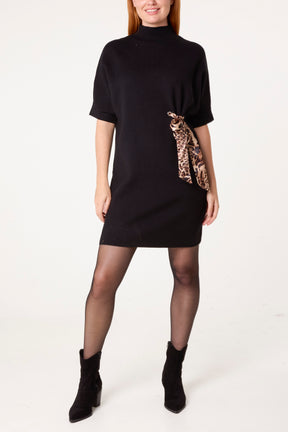 Leopard Satin Bow Knit Mini Dress
