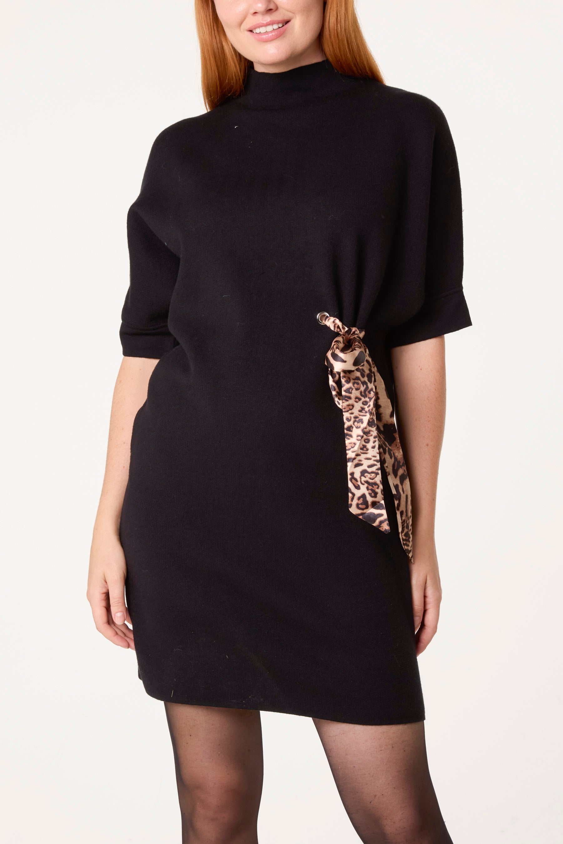 Leopard Satin Bow Knit Mini Dress