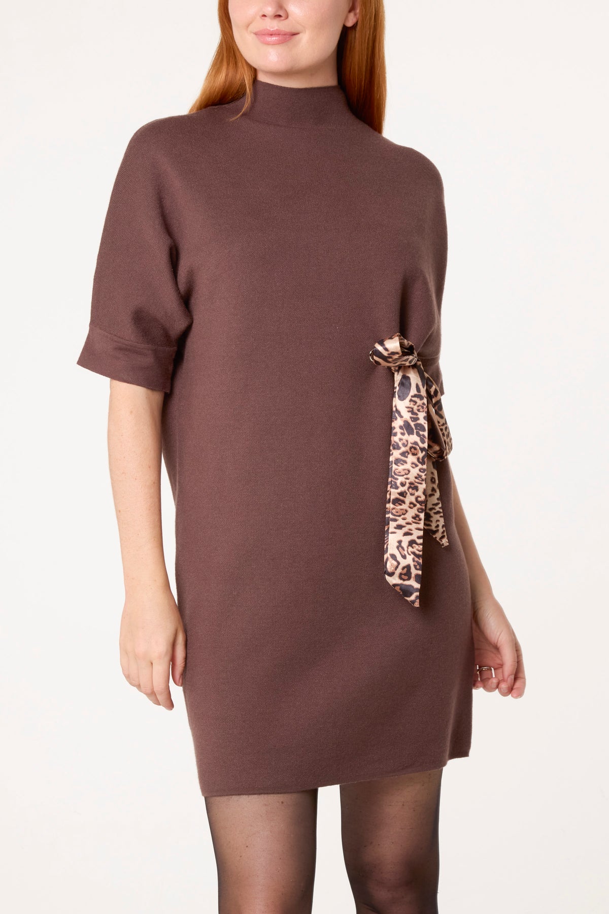 Leopard Satin Bow Knit Mini Dress
