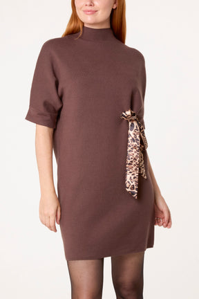 Leopard Satin Bow Knit Mini Dress