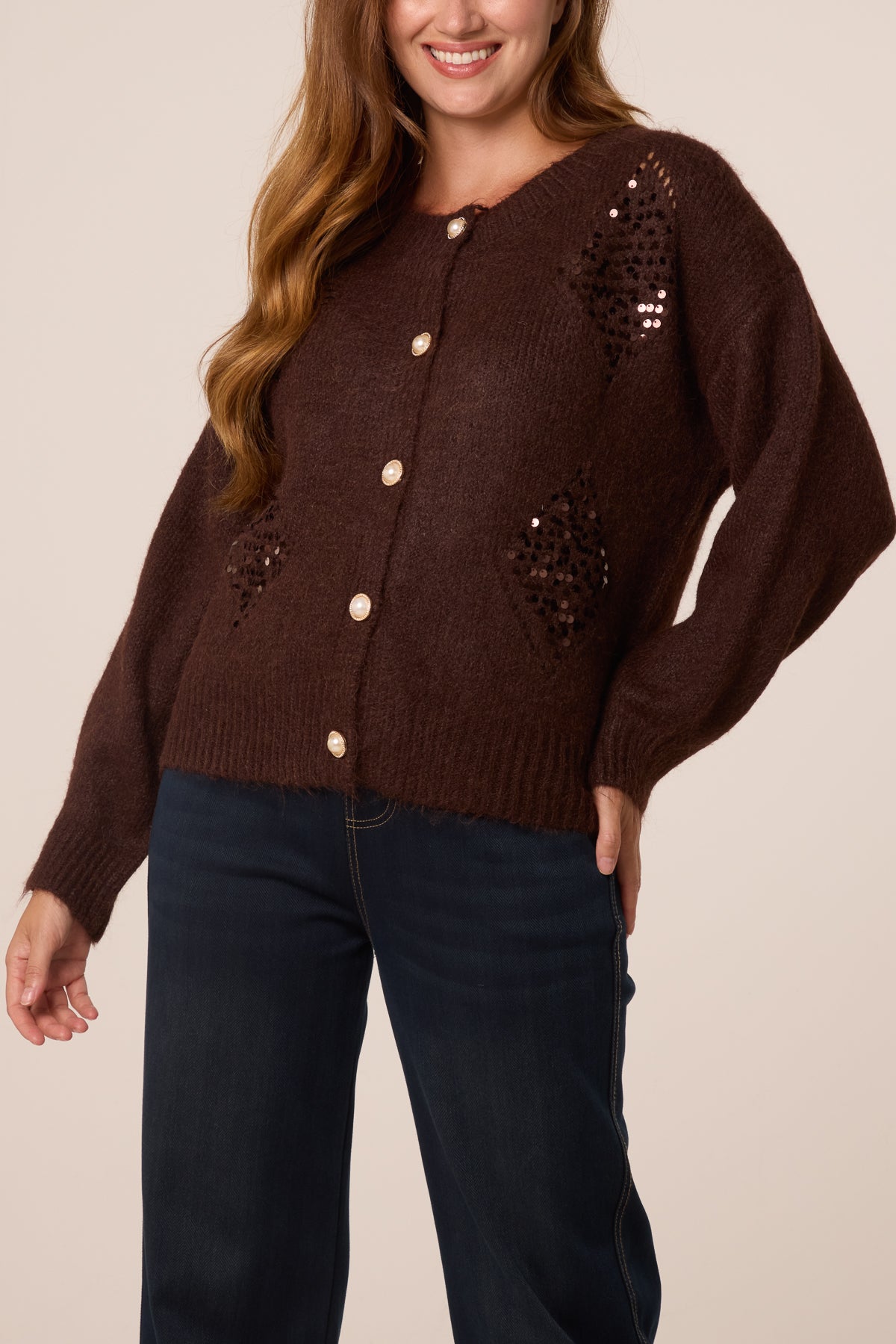 Sequin Diamond Pearl Button Cardigan