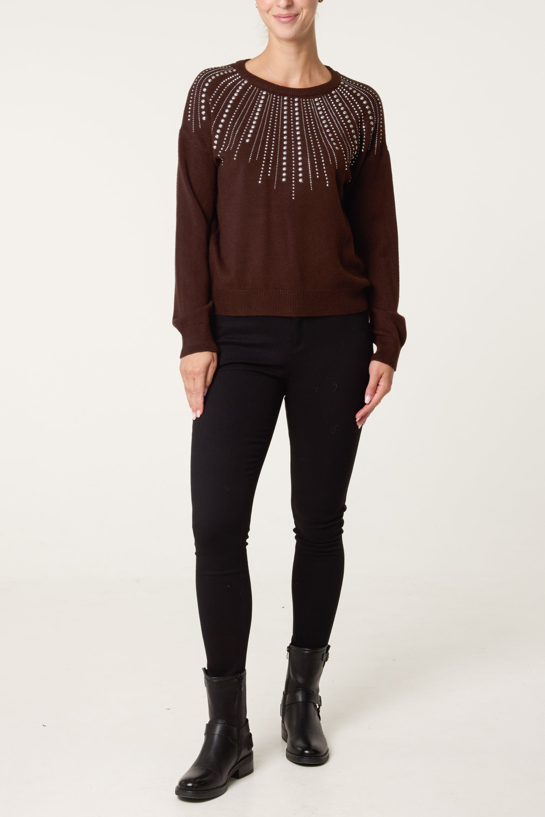 Crew Neck Jumper with Silver Stud Embellishment