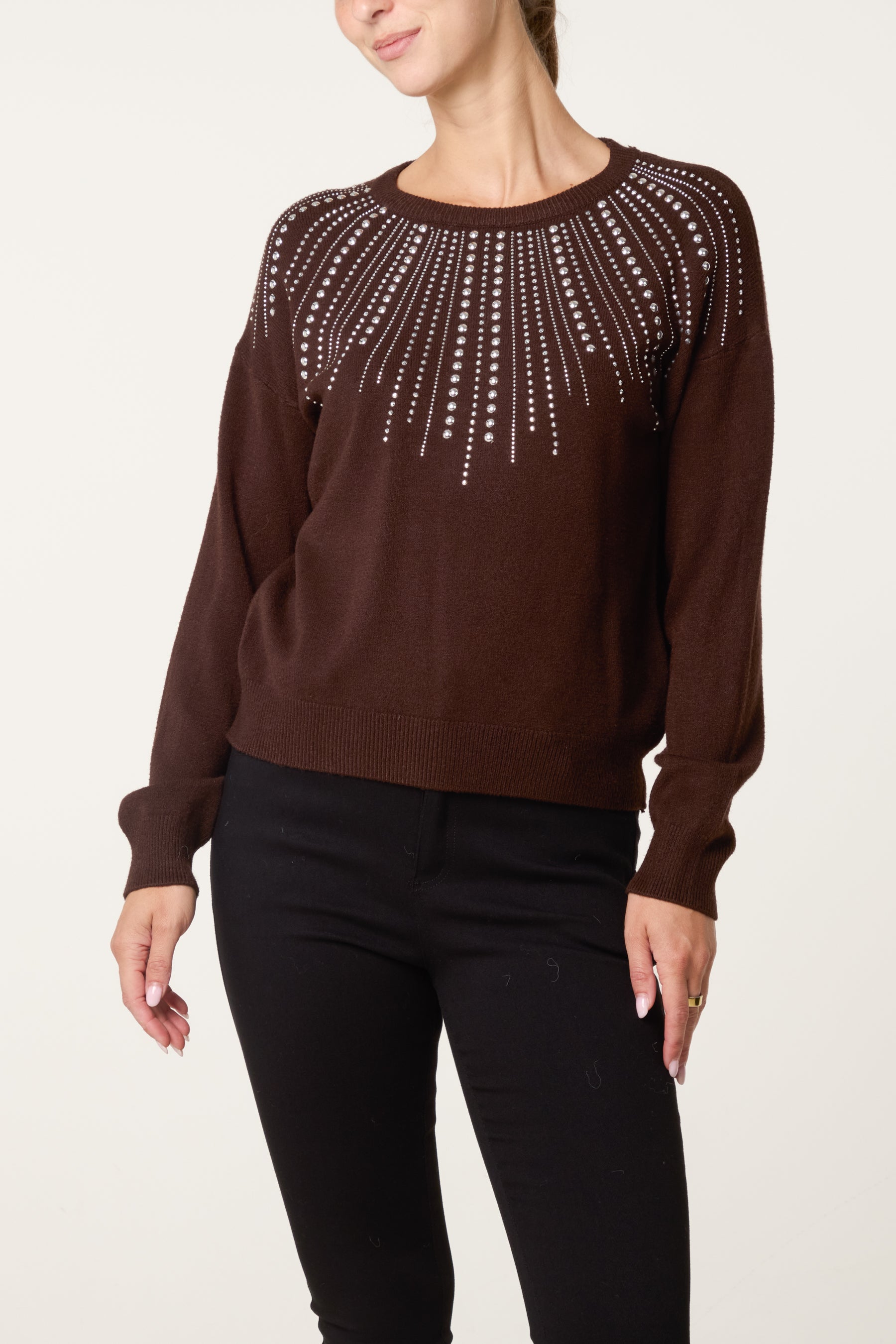 Crew Neck Jumper with Silver Stud Embellishment