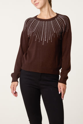 Crew Neck Jumper with Silver Stud Embellishment