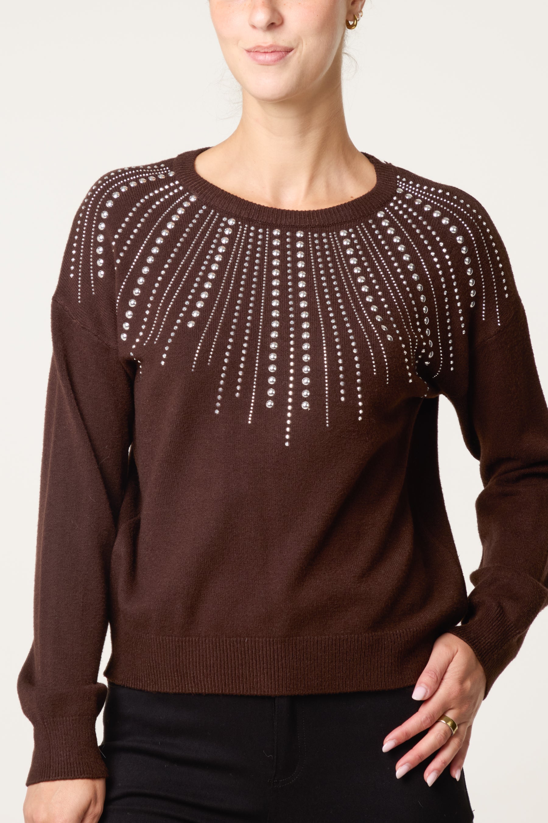 Crew Neck Jumper with Silver Stud Embellishment