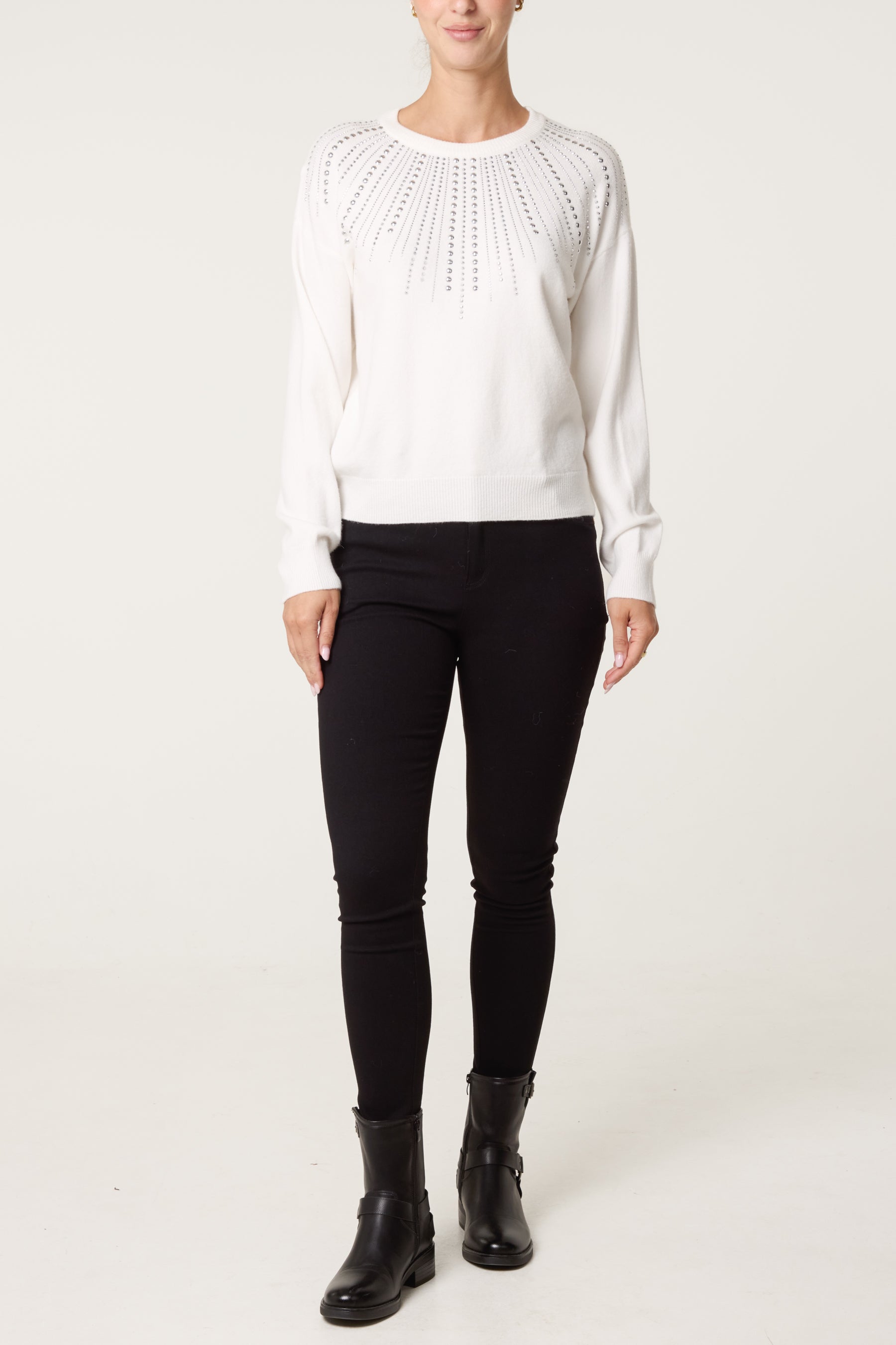 Crew Neck Jumper with Silver Stud Embellishment