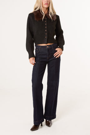 Wool Faux Fur Contrast & Button Collar Cardigan