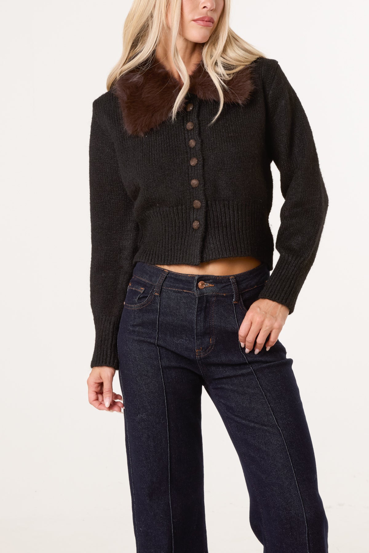 Wool Faux Fur Contrast & Button Collar Cardigan
