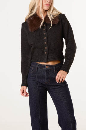 Wool Faux Fur Contrast & Button Collar Cardigan