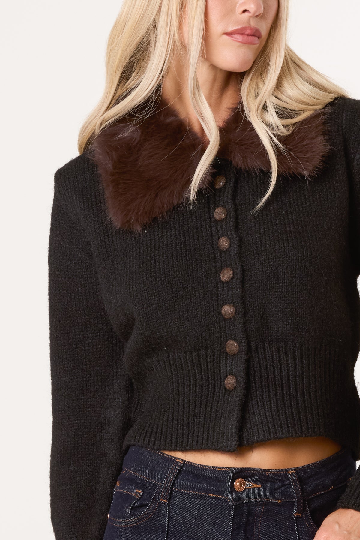 Wool Faux Fur Contrast & Button Collar Cardigan