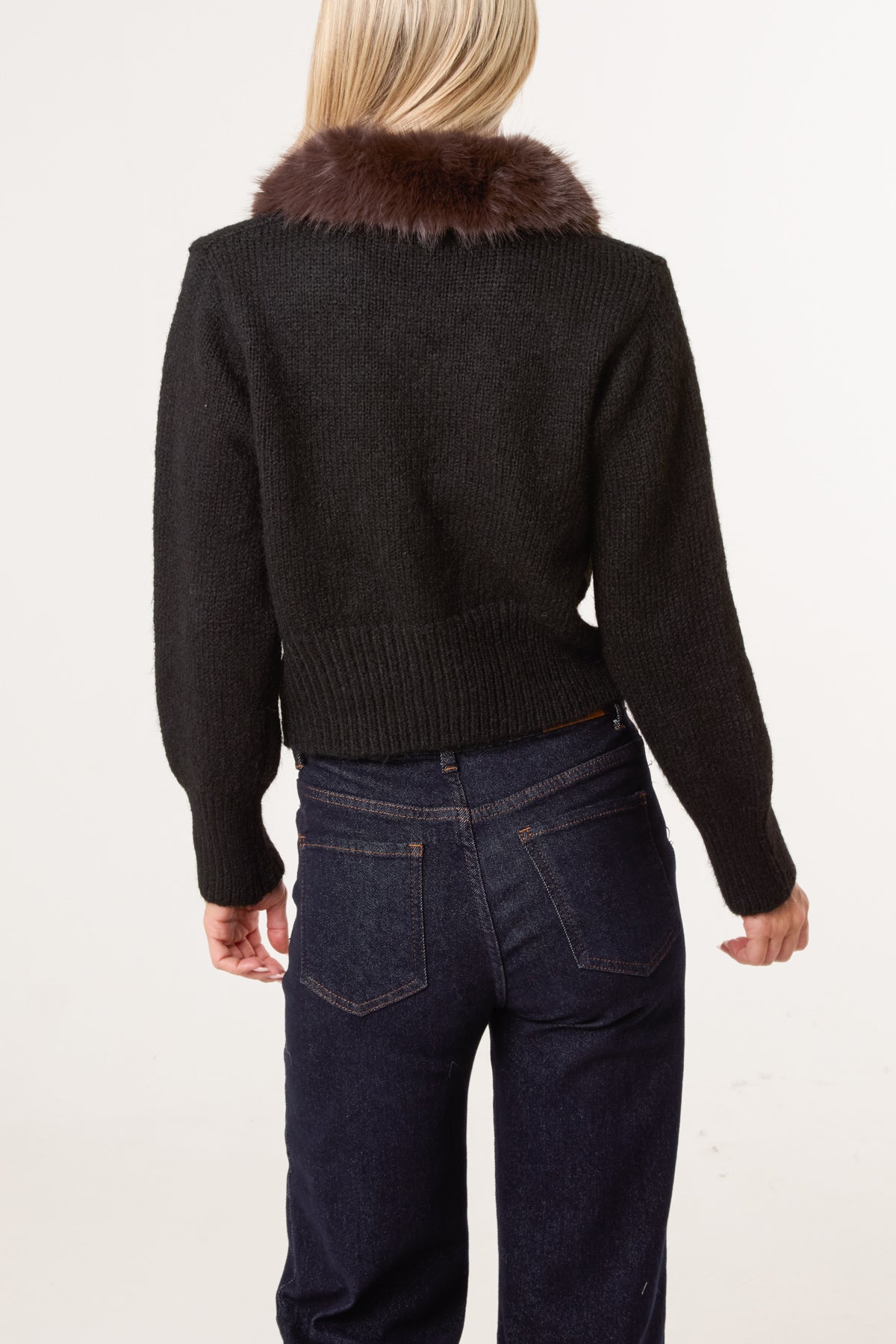 Wool Faux Fur Contrast & Button Collar Cardigan