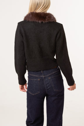 Wool Faux Fur Contrast & Button Collar Cardigan