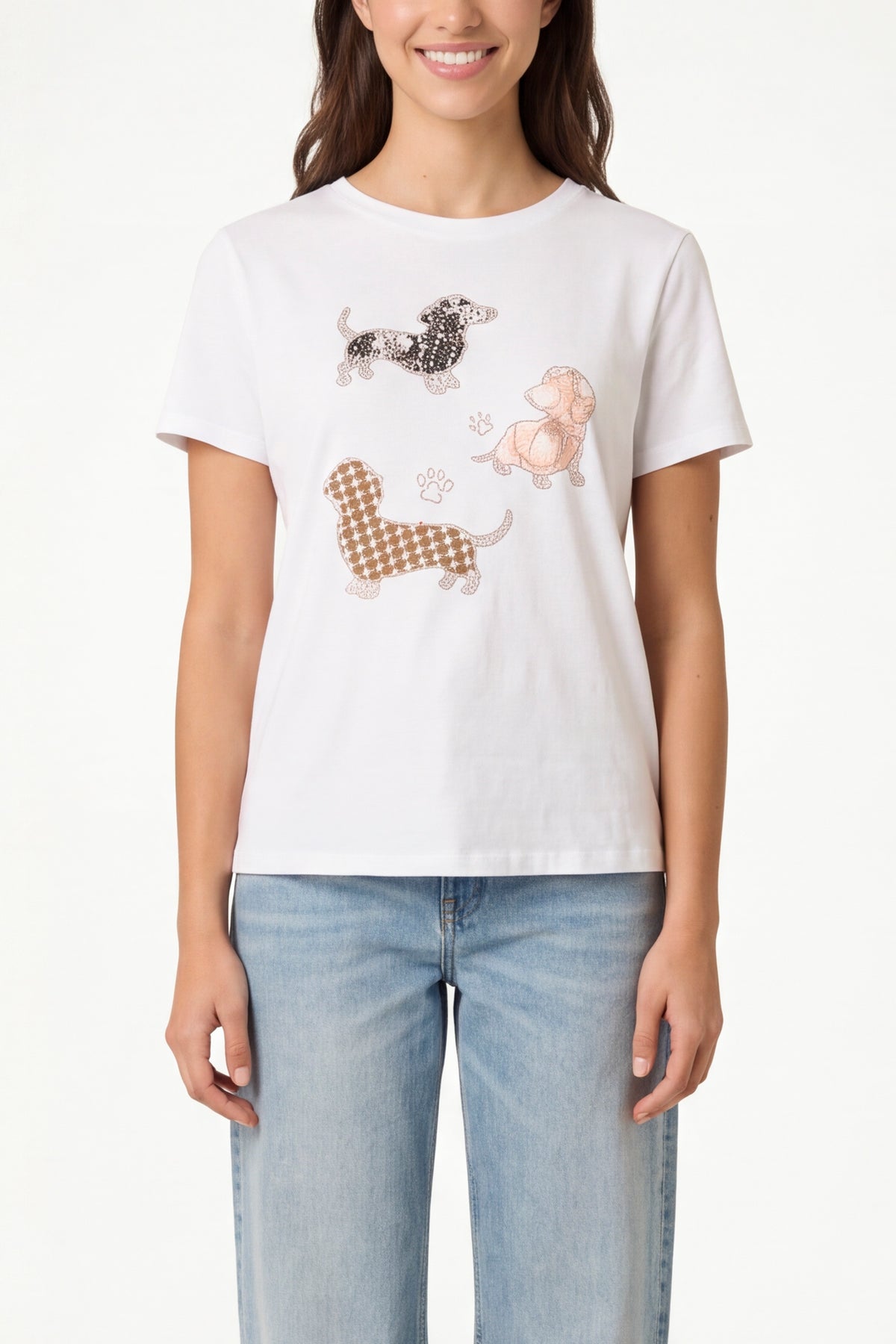 Dog Graphic Rhinestone Detail T-Shirt