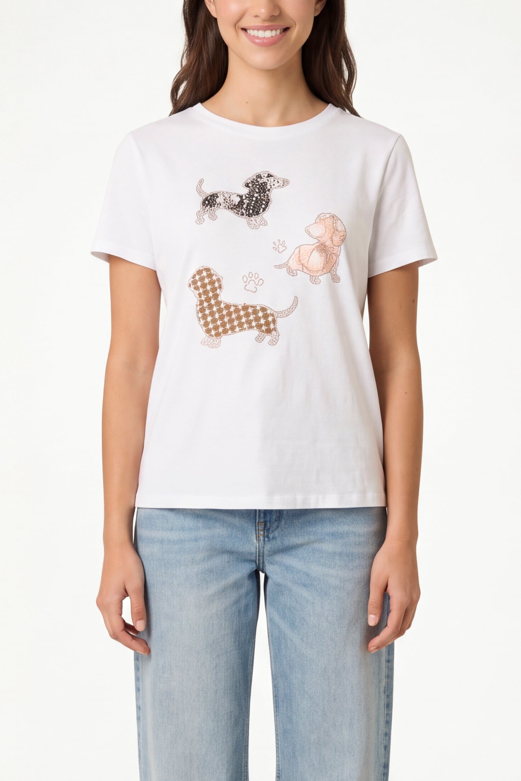 Dog Graphic Rhinestone Detail T-Shirt