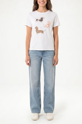 Dog Graphic Rhinestone Detail T-Shirt