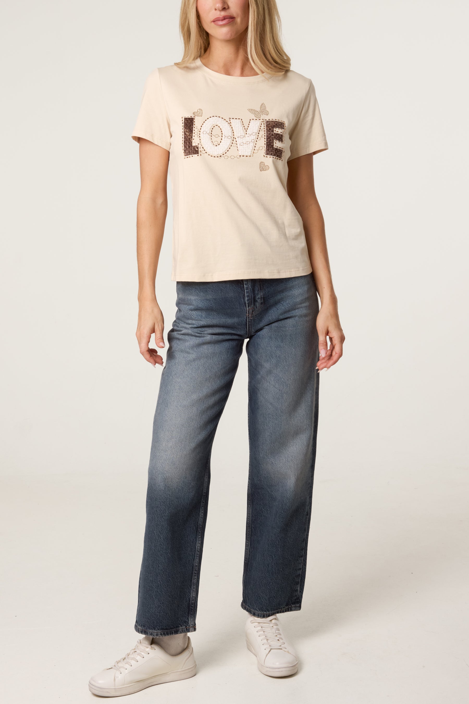 Gold Love Printed Embellished Graphic T-Shirt