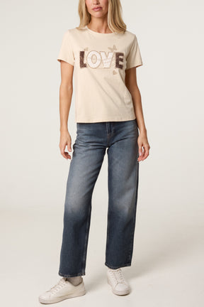 Gold Love Printed Embellished Graphic T-Shirt