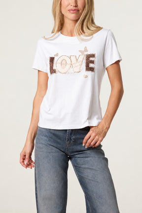 Gold Love Printed Embellished Graphic T-Shirt