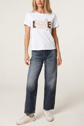 Gold Love Printed Embellished Graphic T-Shirt