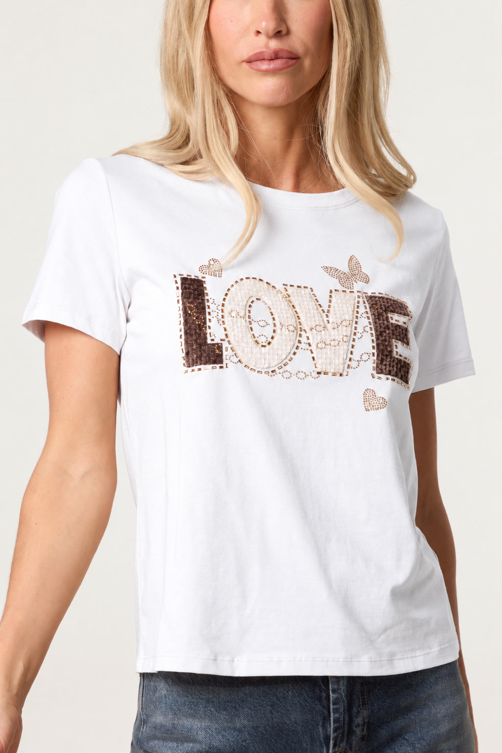 Gold Love Printed Embellished Graphic T-Shirt