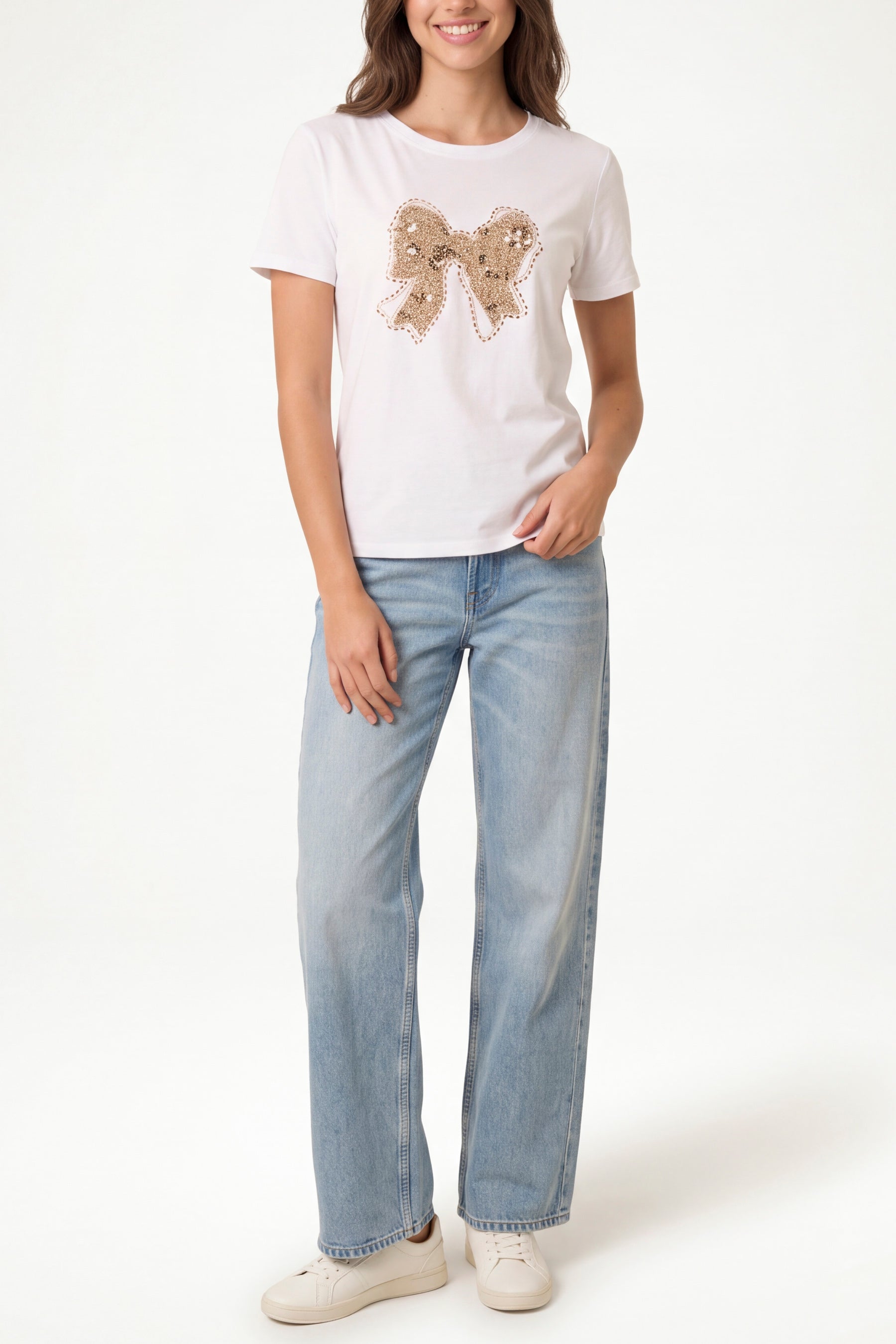 Gold Embellished Bow Patch Short Sleeve T-Shirt