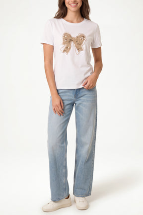 Gold Embellished Bow Patch Short Sleeve T-Shirt