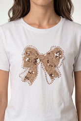 Gold Embellished Bow Patch Short Sleeve T-Shirt