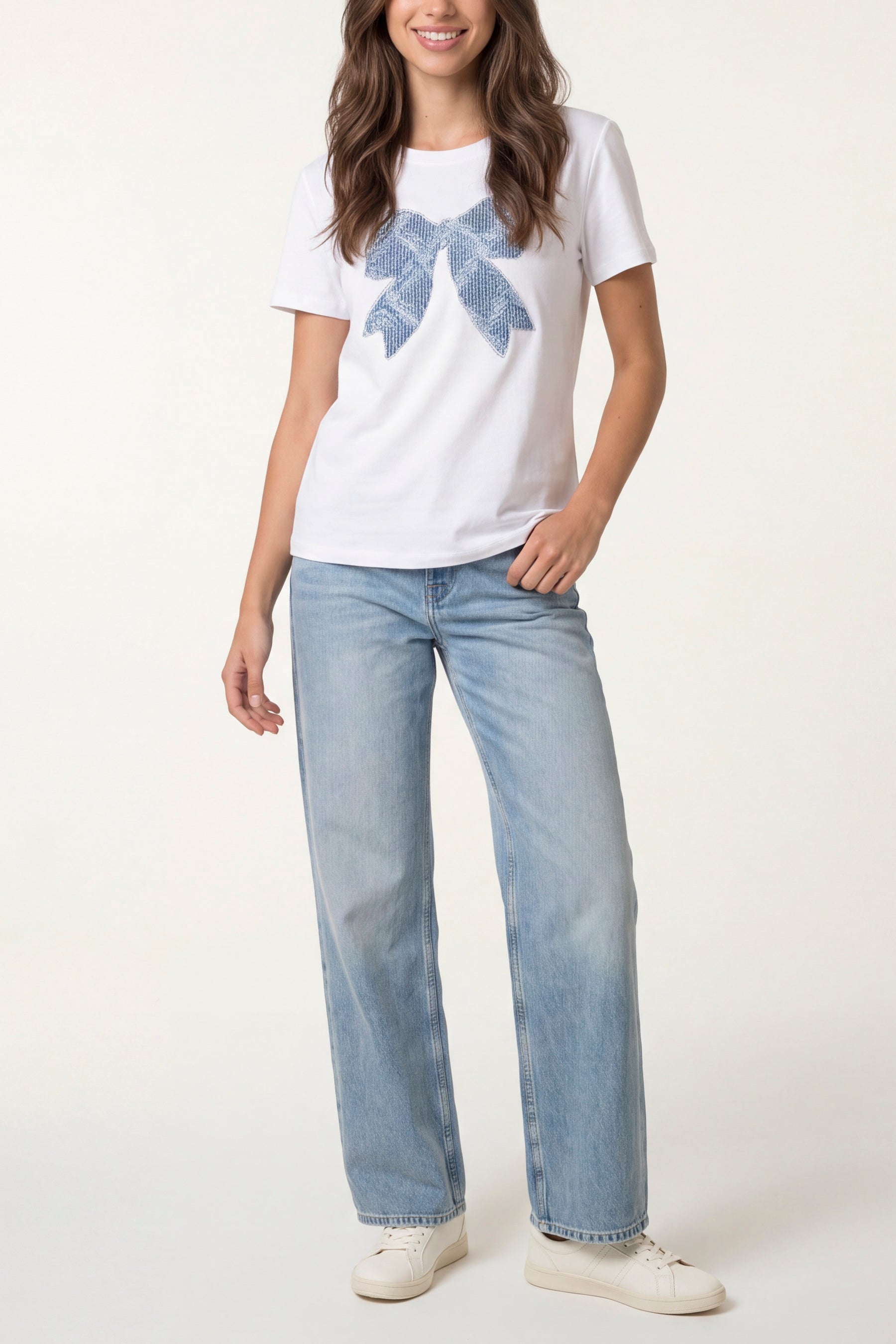 Bow Denim Sparkle Patch Short Sleeve T-Shirt
