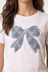 Bow Denim Sparkle Patch Short Sleeve T-Shirt