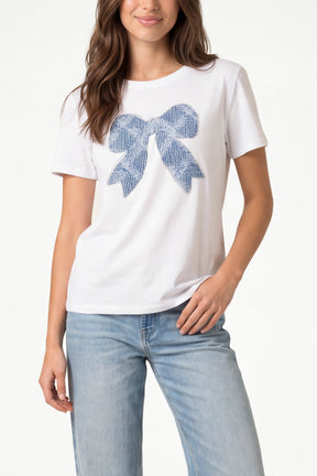 Bow Denim Sparkle Patch Short Sleeve T-Shirt