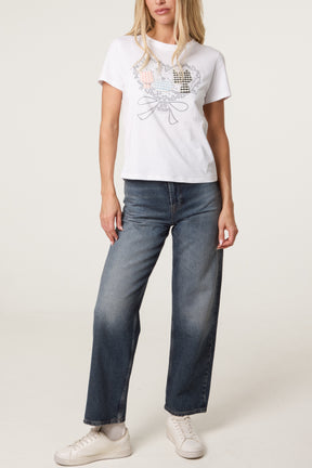 Embellished Cat Applique Graphic T-Shirt