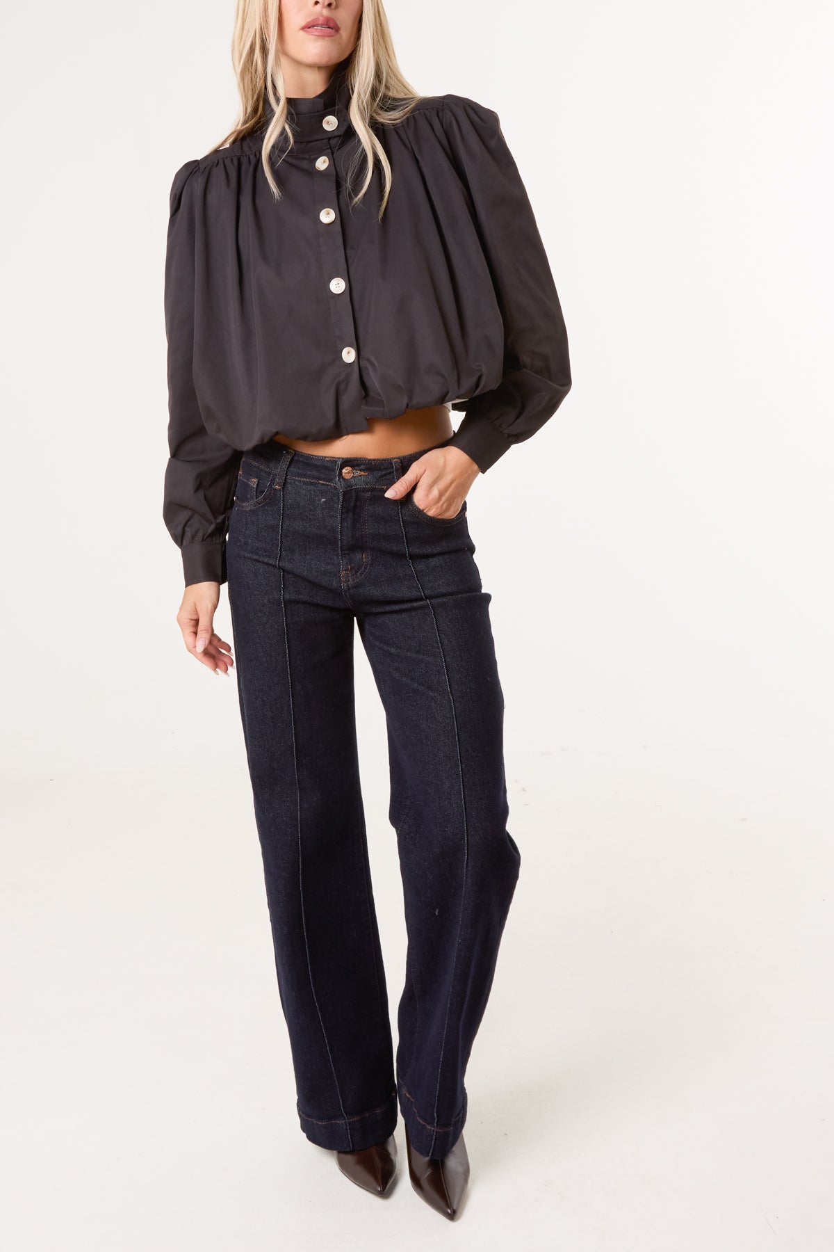Cropped High Neck Button Down Bubble Jacket