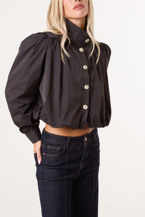 Cropped High Neck Button Down Bubble Jacket