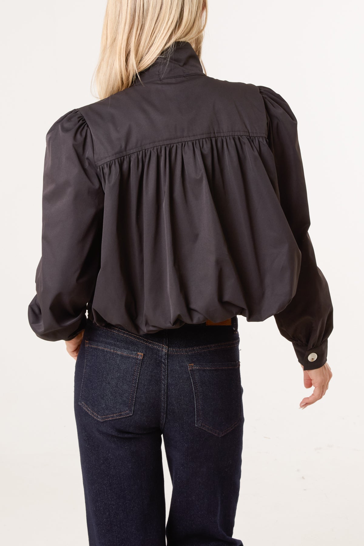 Cropped High Neck Button Down Bubble Jacket