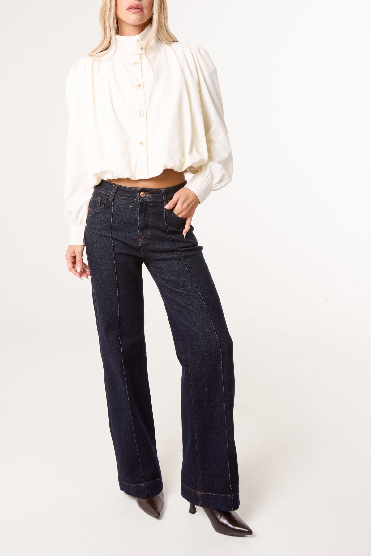 Cropped High Neck Button Down Bubble Jacket
