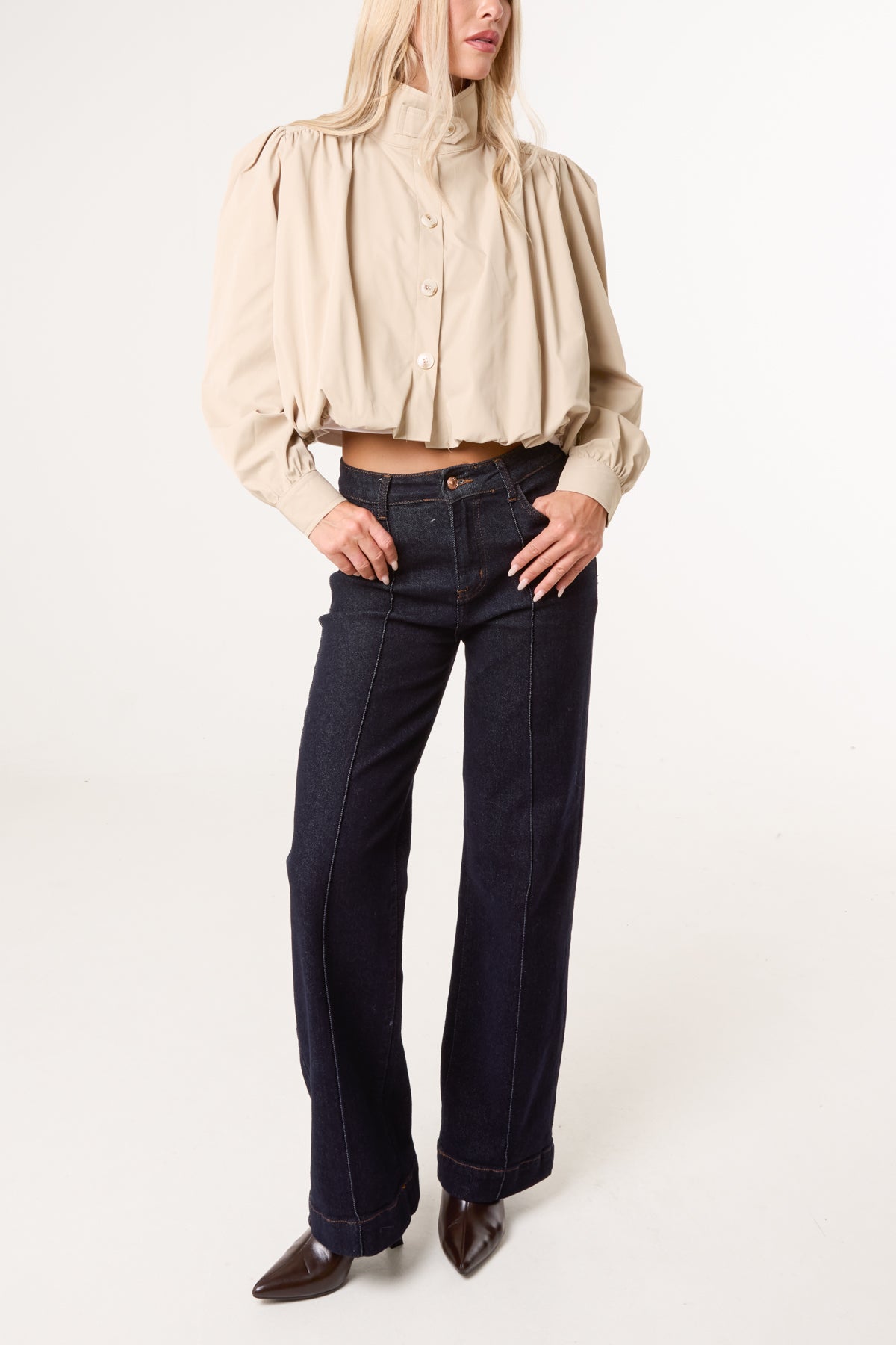 Cropped High Neck Button Down Bubble Jacket