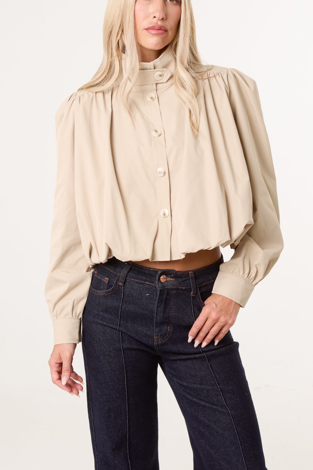 Cropped High Neck Button Down Bubble Jacket