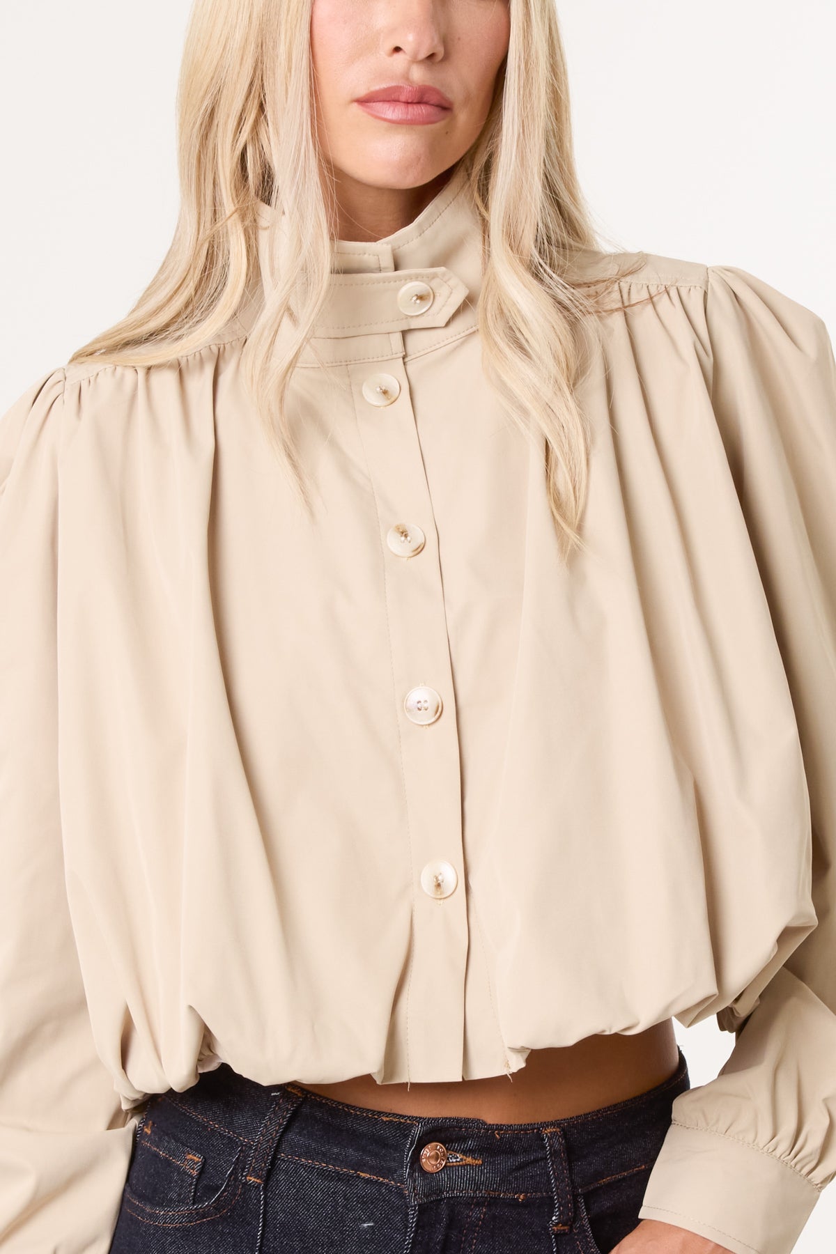 Cropped High Neck Button Down Bubble Jacket