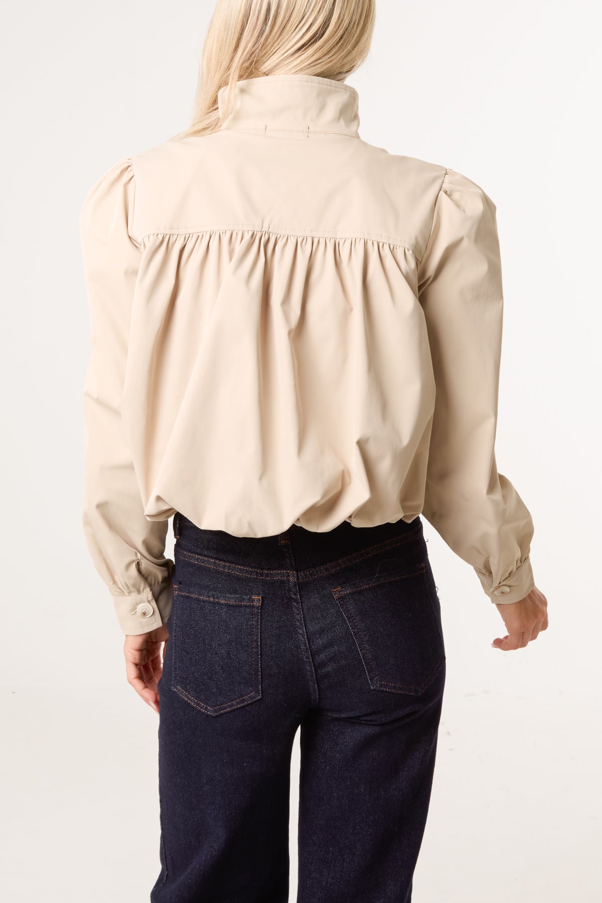 Cropped High Neck Button Down Bubble Jacket