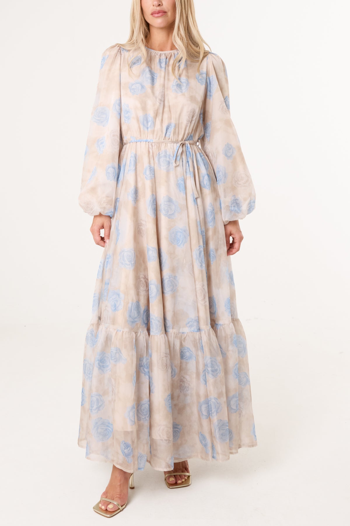 Blue Rose Print Tiered Maxi Dress
