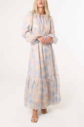 Blue Rose Print Tiered Maxi Dress